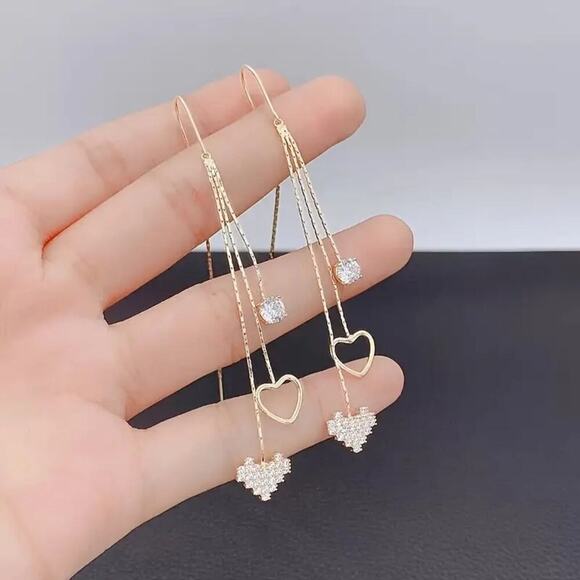 NEW Gold Long Tassel Dangle Earrings with Hearts – Elegant & Trendy Jewelry - Picture 1 of 2